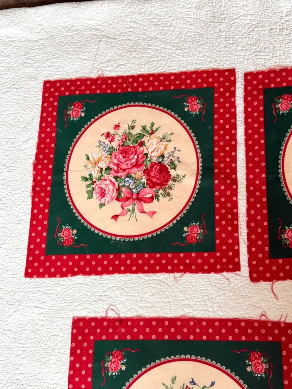 Vintage Christmas Floral Fabric Panels Red Green Roses Holiday Quilt Craft Lot